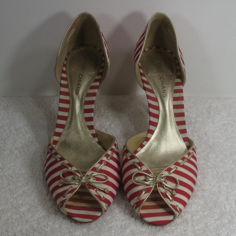 Arturo Chiang Shoes Red White Striped Gold Lacing Vintage Cork Heels Size 6.5M